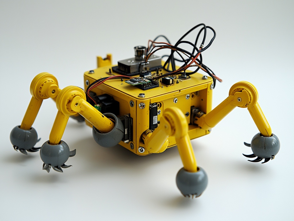 A small, yellow robotic vehicle with sensors, claws, and spherical protrusions.