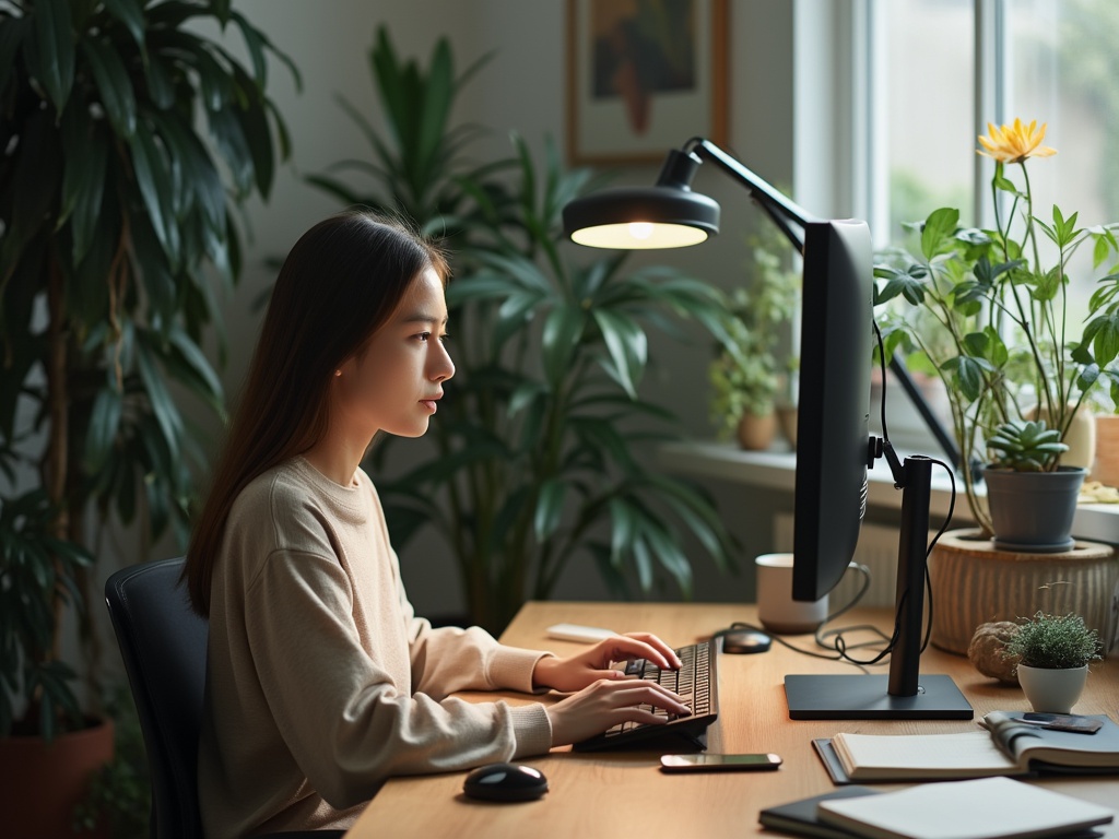 A young woman sits at a wooden desk, focused on typing.