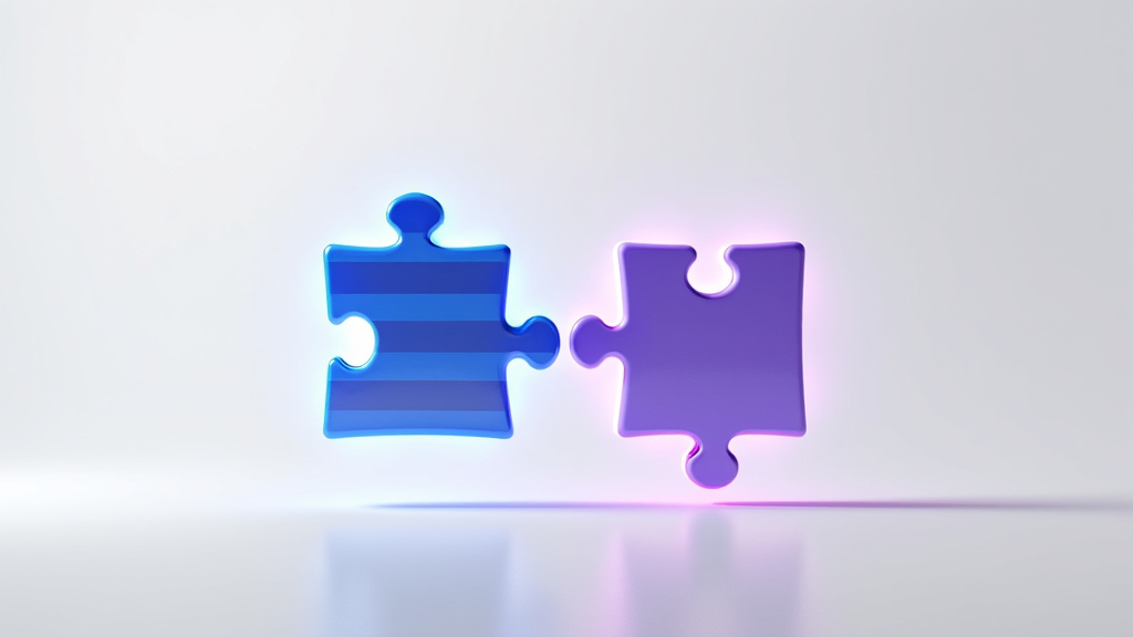 Two glowing 3D puzzle pieces connecting in mid-air against a white background, one with a blue stripe pattern and the other with a purple hue.