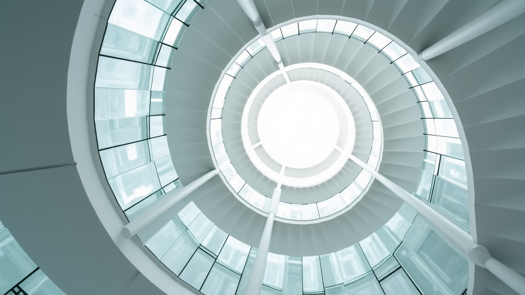 A professional photorealistic image of an abstract spiral staircase in a modern minimalist setting.