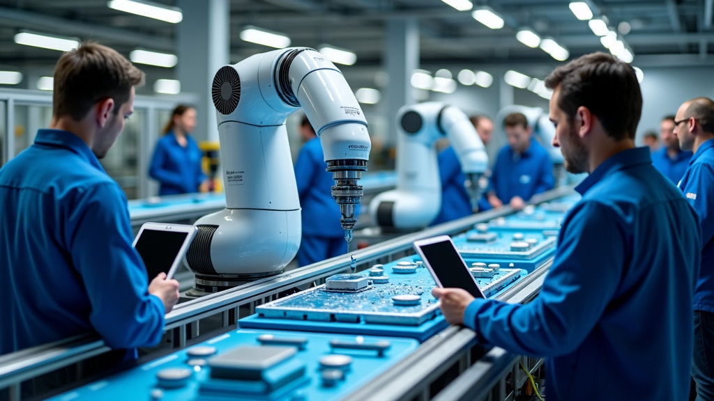 A high-angle view of a modern assembly line with robotic arms and workers in safety gear.