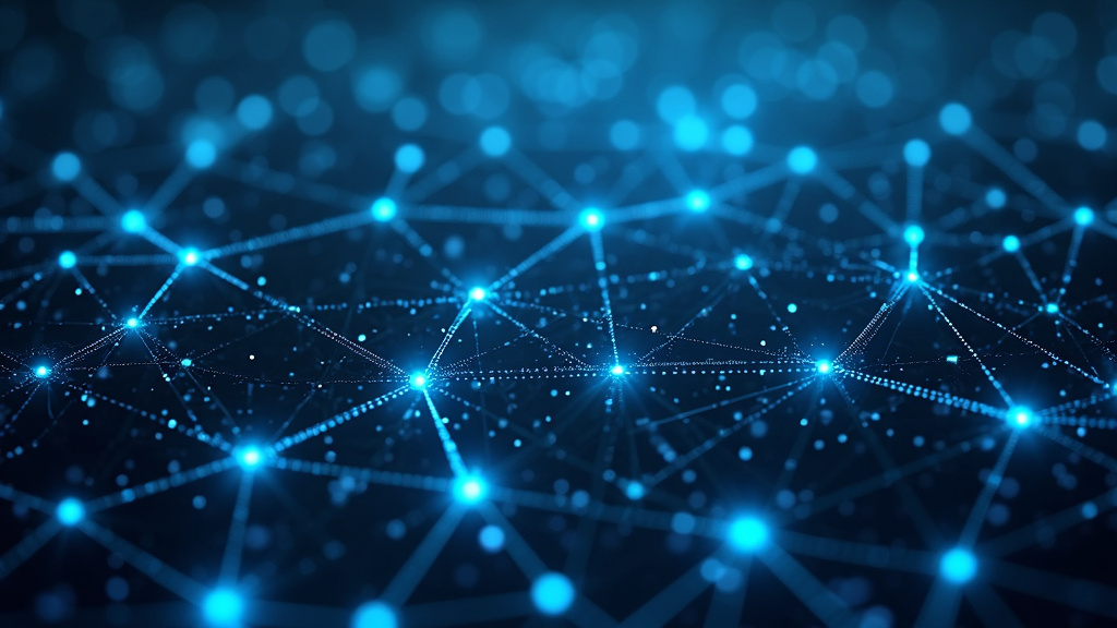 Aerial view of a complex network of glowing, interconnected nodes in blue and white tones against a dark background.