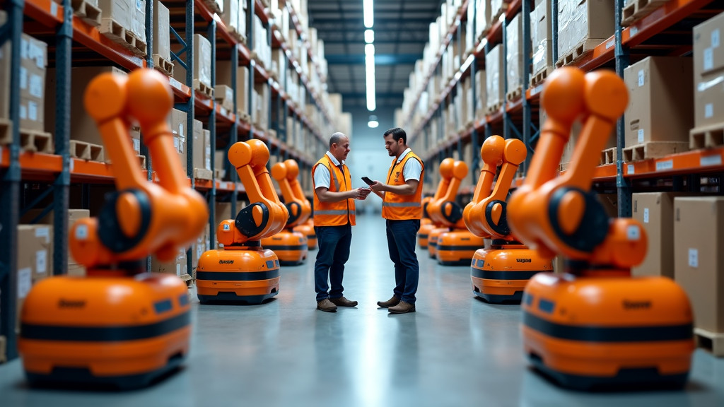 A modern interior of an Amazon fulfillment center with robotic drive units and diverse warehouse workers.