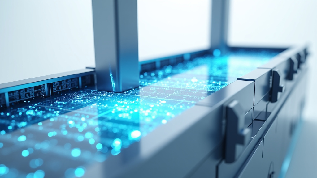 A modern, minimalist 3D render of an automated sorting system with translucent digital streams flowing into organized categories.