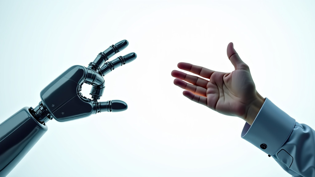 A split-screen image showing a robot hand and a human hand reaching out, highlighting the contrast between automated and human customer service.