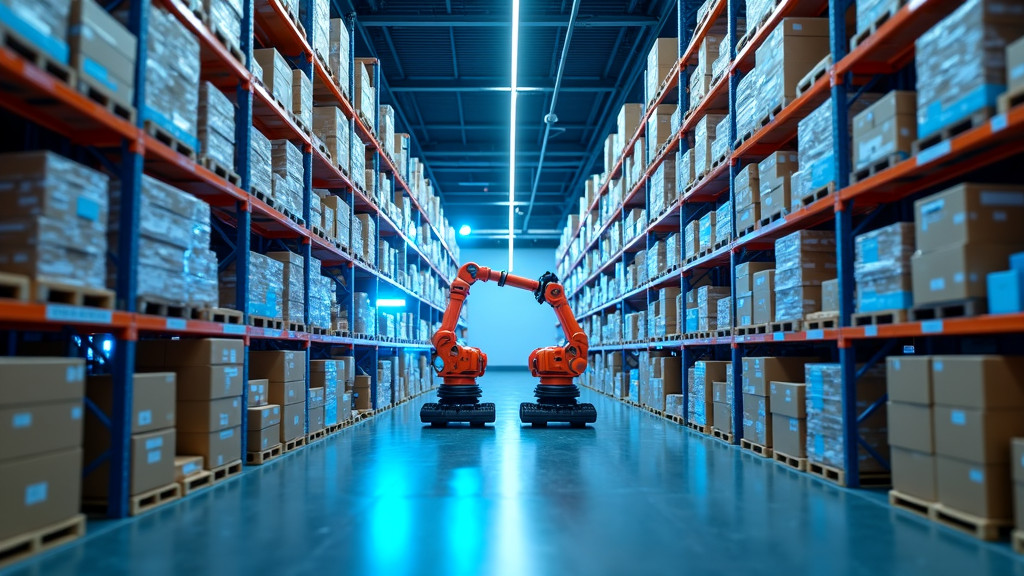 A modern high-tech automated warehouse featuring robotic arms and autonomous guided vehicles.