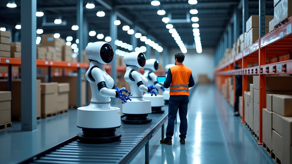 A modern automated warehouse with robots and human workers working together in a photorealistic style.