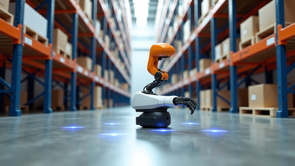 A modern autonomous warehouse robot with a sleek white and orange design, navigating through industrial shelves.