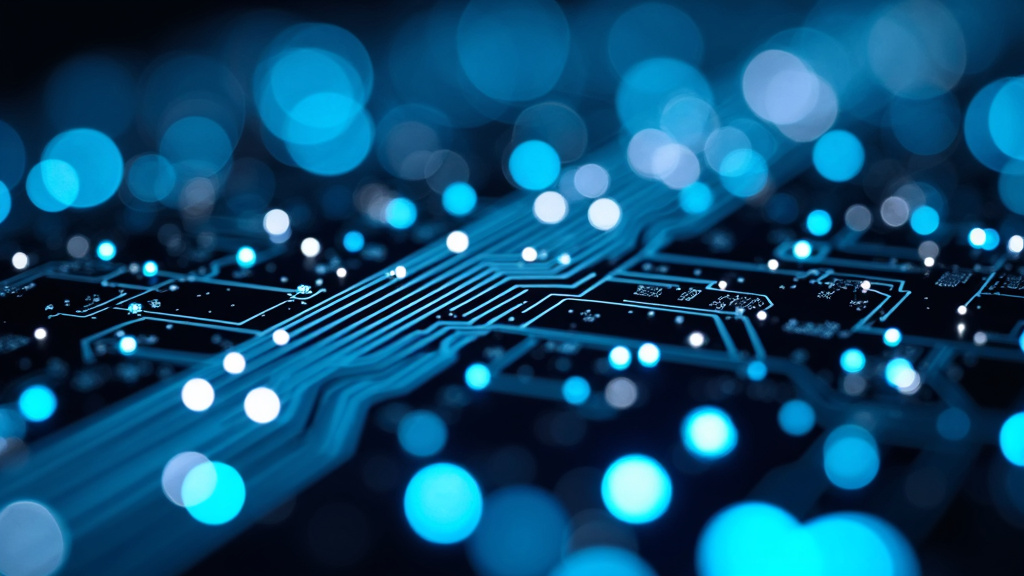 A close-up view of a glowing circuit board with intricate pathways.