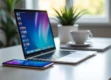 Sleek laptop and smartphone on a minimalist white desk with natural lighting.