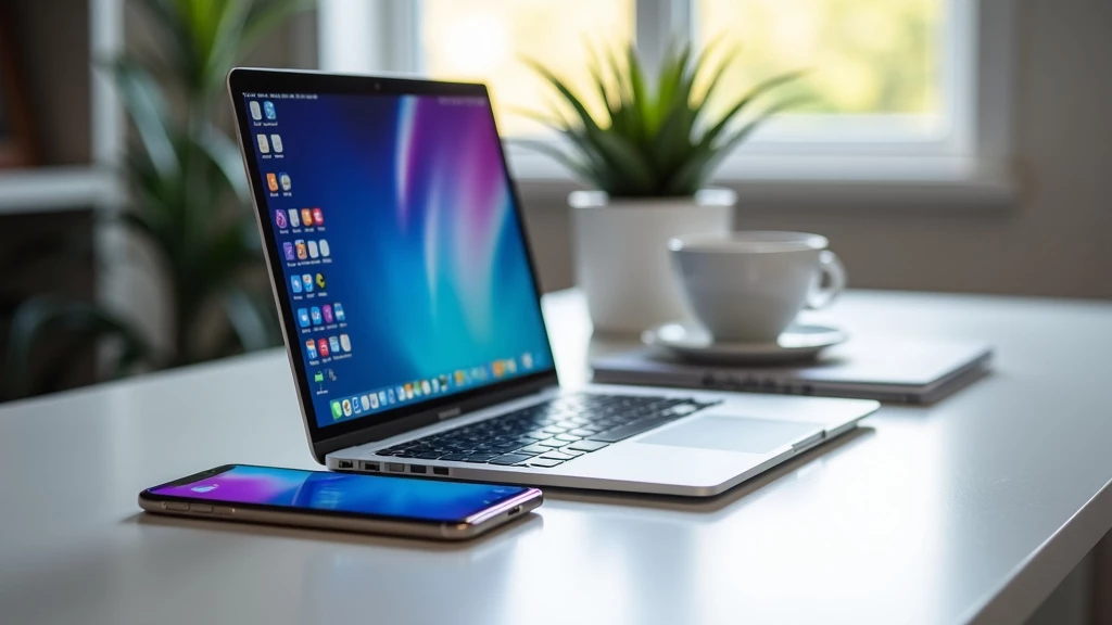 Sleek laptop and smartphone on a minimalist white desk with natural lighting.