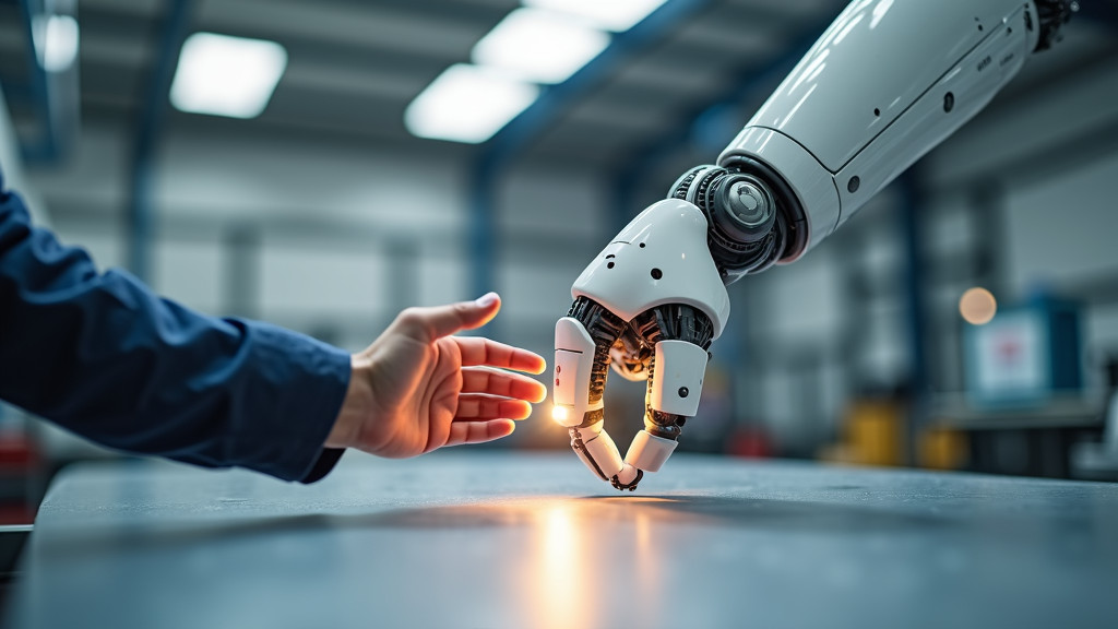 A collaborative robotic arm and human hand reaching for the same object on a modern manufacturing workbench.