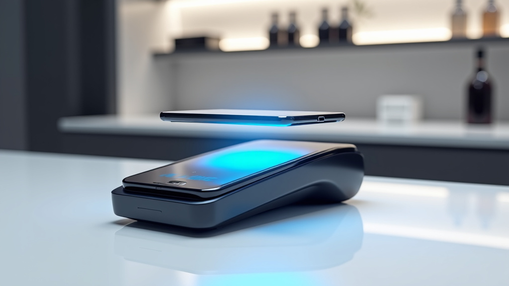 A sleek contactless payment terminal with a smartphone hovering above it, creating a soft blue glow, on a clean white counter surface.