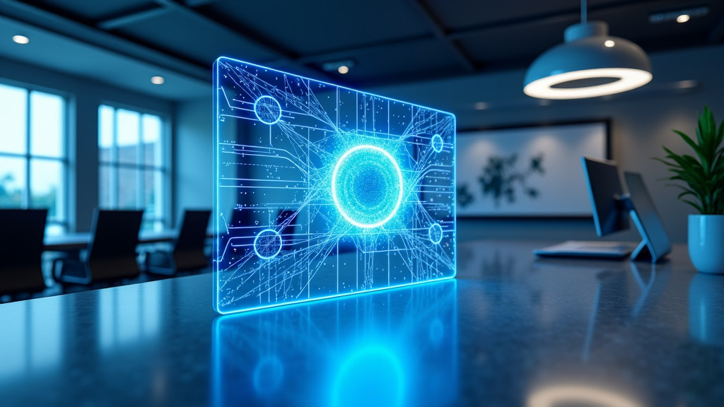 A sleek, modern visualization of data-driven marketing with a 3D holographic display in an office.