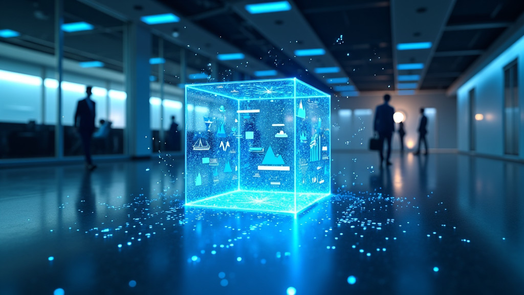 A modern visualization of data integration with streams of glowing digital information flowing into a central cube in a photorealistic office environment.