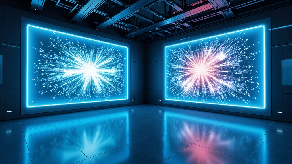 A high-tech photo-realistic data visualization room displaying two neural networks with glowing screens.