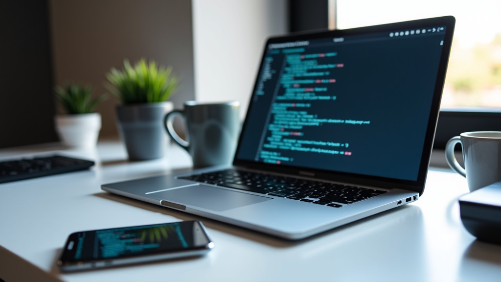 Professional workspace with laptop and smartphone displaying code and mobile interface.