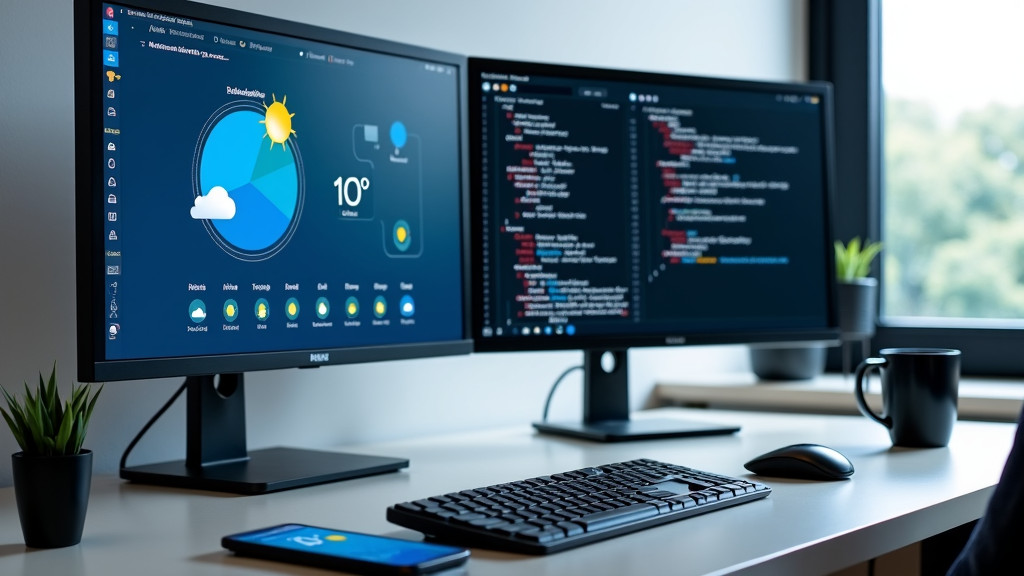 A modern developer workspace with dual monitors displaying weather data and code.