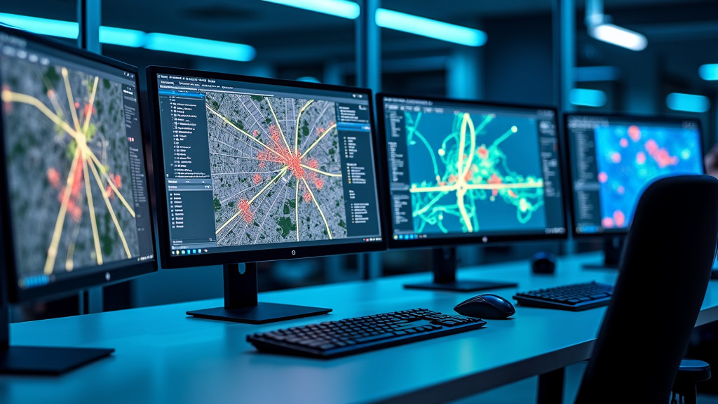 A modern office workstation with multiple monitors displaying maps and data visualizations.