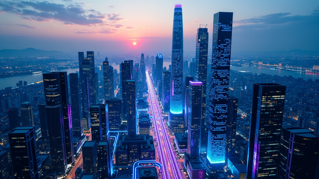 A birds-eye view of a digital city at dusk with glowing blue network lines connecting buildings.