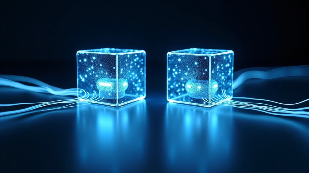 A modern, minimalist 3D visualization of two glowing digital cubes connected by pulsing light streams against a dark background.