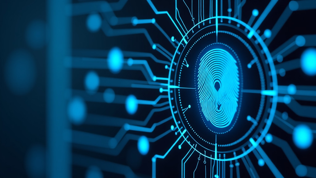 A close-up of a modern digital lock interface with a fingerprint scanner and circuit patterns.