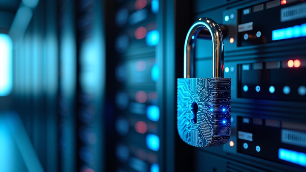 Close-up of a modern digital padlock with glowing blue circuit patterns in front of a data center server rack.