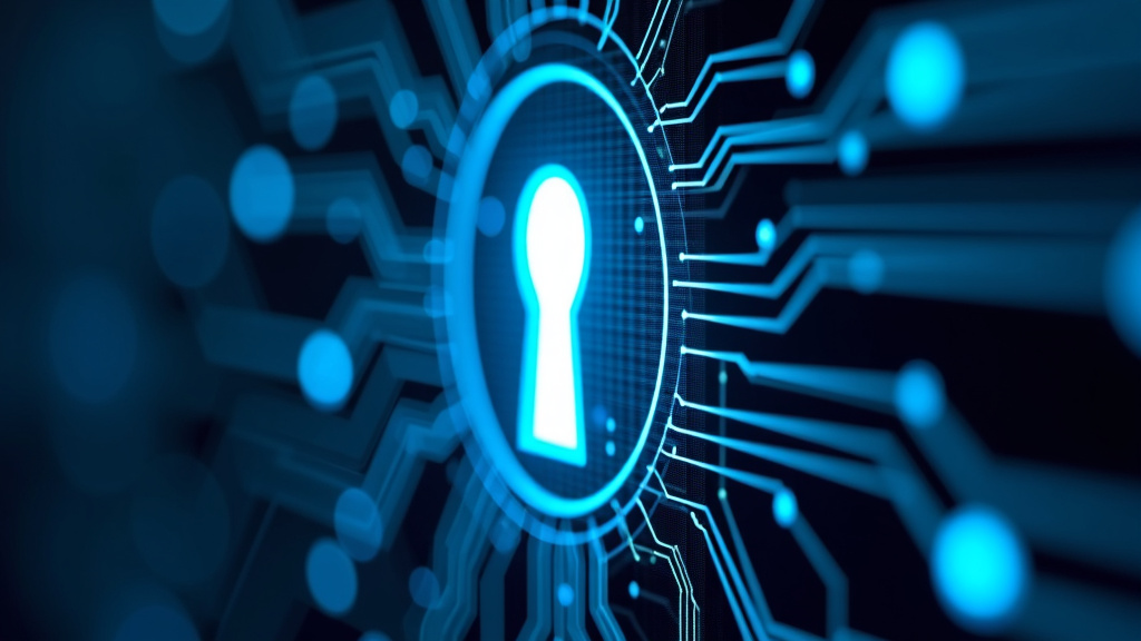 A photorealistic close-up of a digital security keyhole with glowing blue circuit patterns and translucent layers of encryption keys.