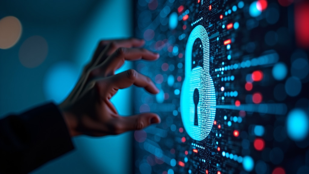 Photorealistic close-up of a digital security lock being compromised by shadowy hands with glowing circuit patterns in a dark, moody setting.