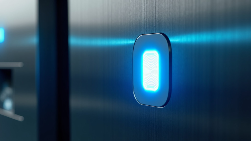 A close-up of a modern biometric fingerprint scanner with blue LED lighting on a metallic surface.