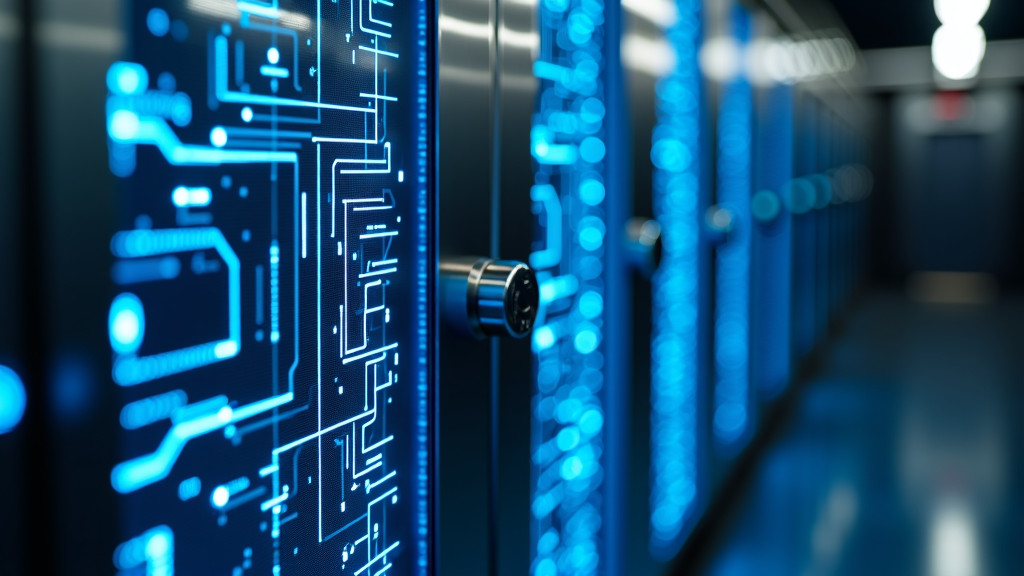 A close-up view of a modern digital security vault door with glowing blue circuit patterns and biometric scanners.