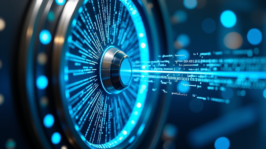 Photorealistic close-up of a digital security vault door with blue circuitry patterns and binary code streams.