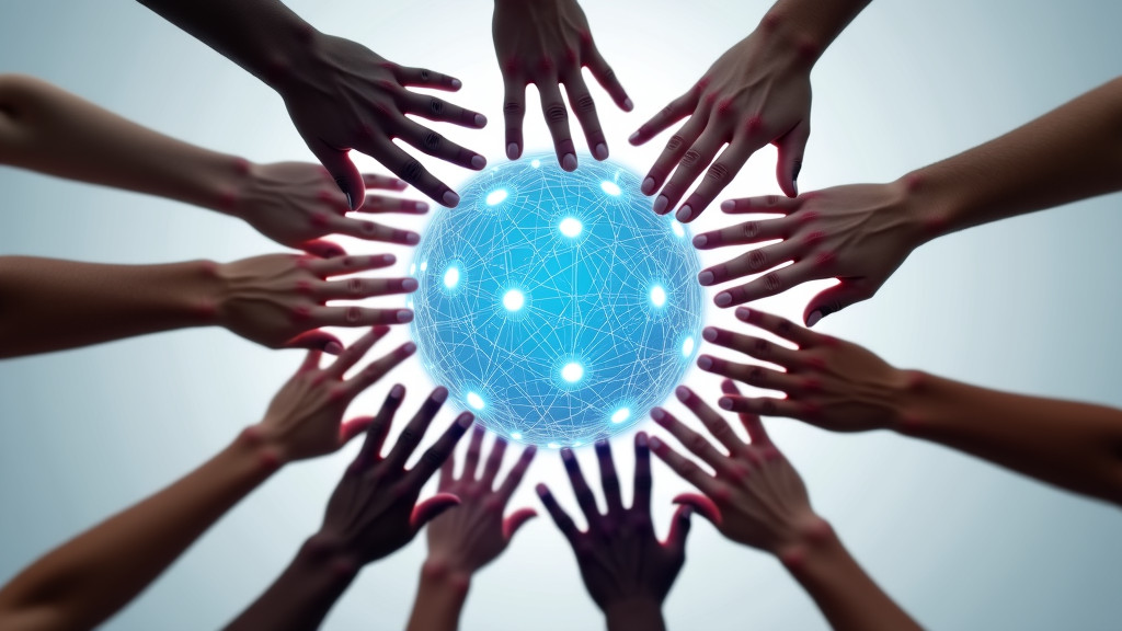 Close-up of diverse hands of different skin tones and ages reaching towards a glowing, translucent sphere with blue light streams.