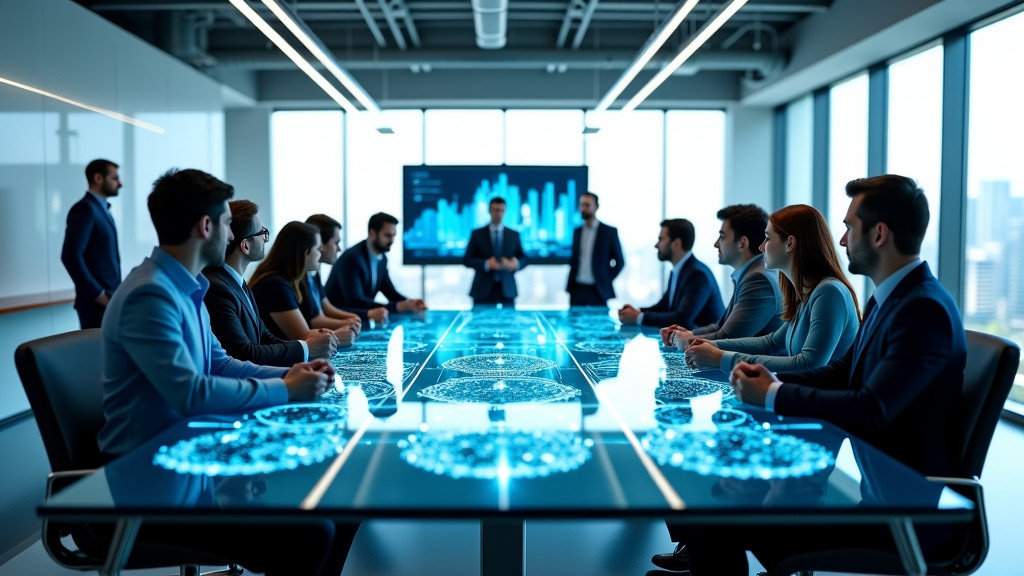 A photorealistic image of diverse professionals collaborating in a modern office space around a glass conference table with holographic data visualizations.