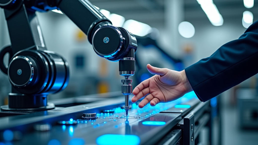 A modern robotic arm and a human hand reaching towards each other in a well-lit industrial environment.