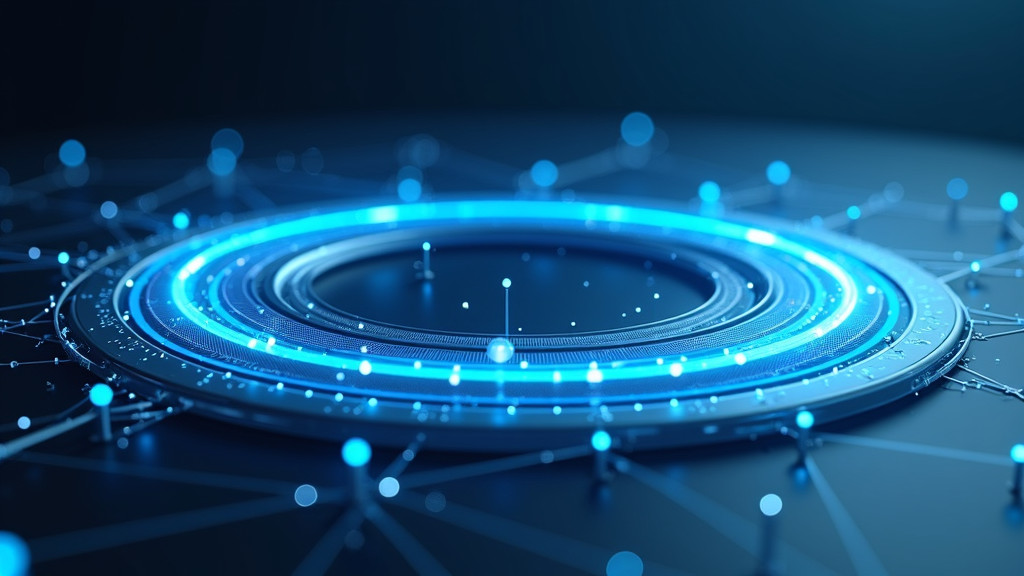 A photorealistic render of a glowing blue circular path with data points, showcasing a feedback loop.