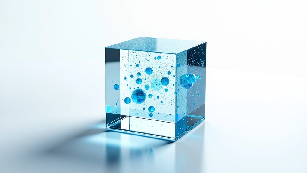 A modern glass cube with floating blue particles and digital patterns against a white background.