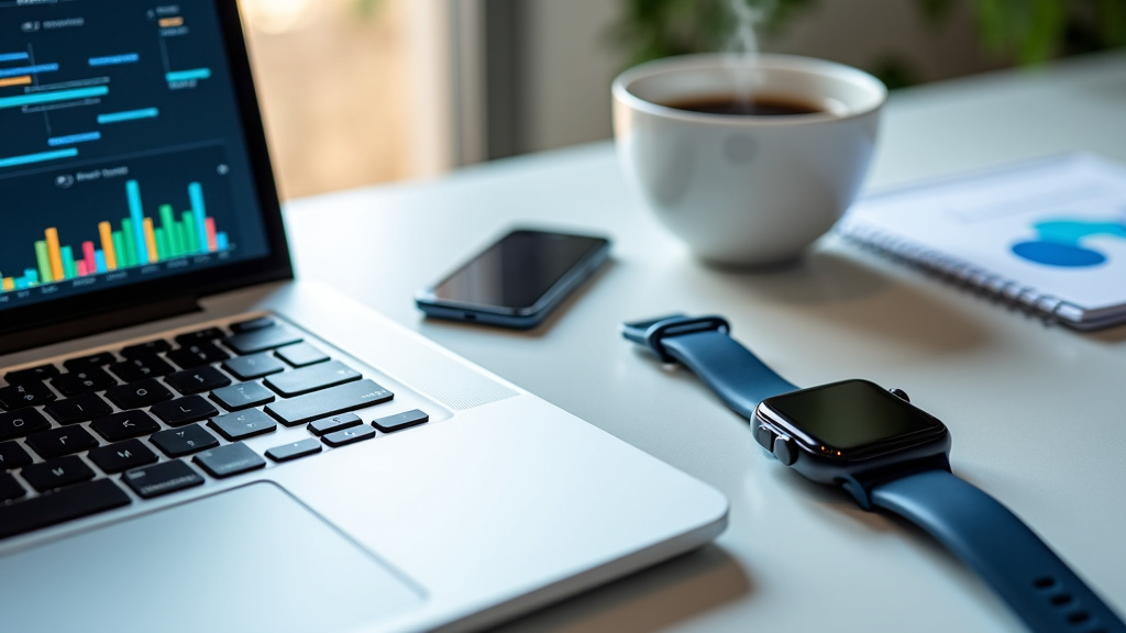 A sleek modern desk with a laptop, coffee cup, and smartwatch in a well-lit workspace.