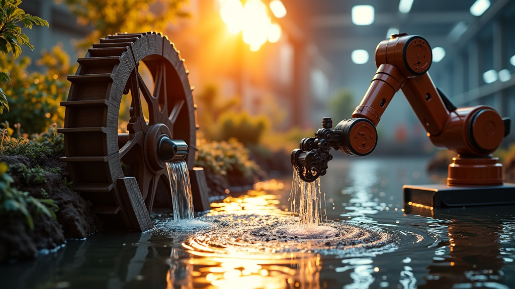 A dramatic image showing the evolution of automation, featuring a wooden water wheel and a modern robotic arm connected by digital particles.