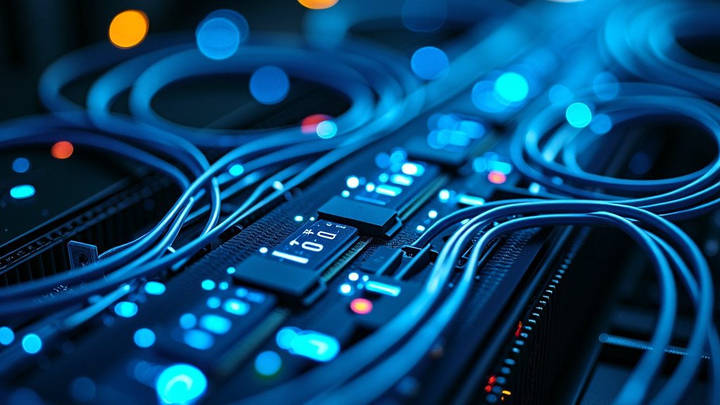 A photorealistic overhead view of a complex network diagram with illuminated fiber optic cables connecting modern servers to legacy hardware.