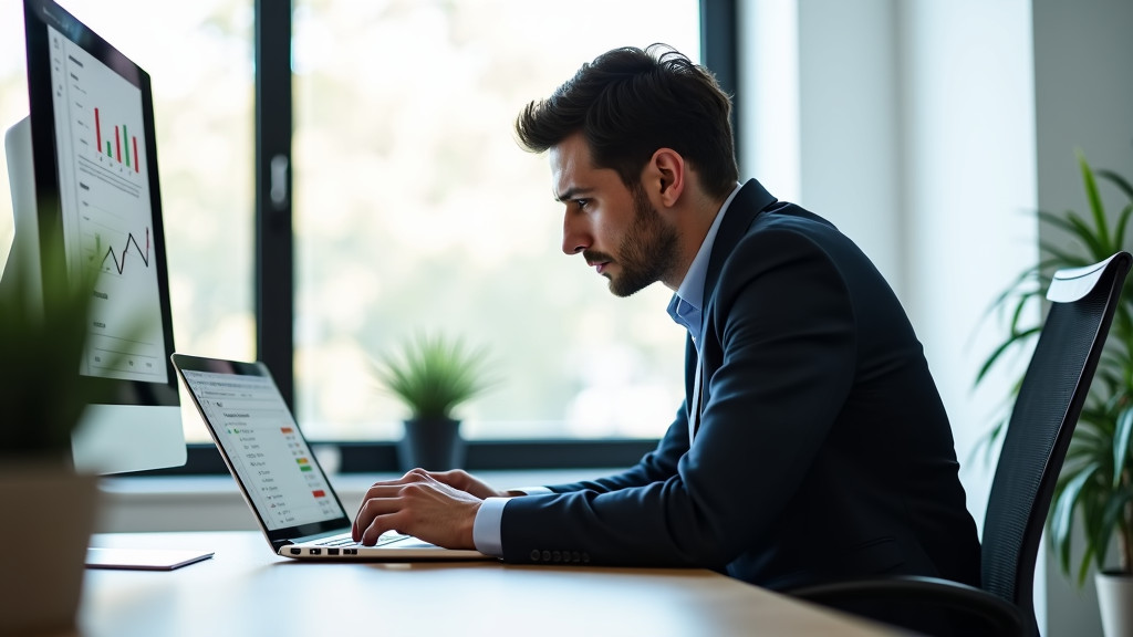 Frustrated business professional at a modern desk looking at a laptop with concern.