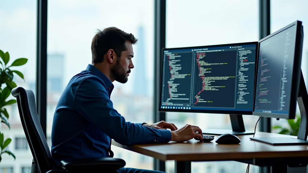 A frustrated software developer in a modern office with multiple monitors.