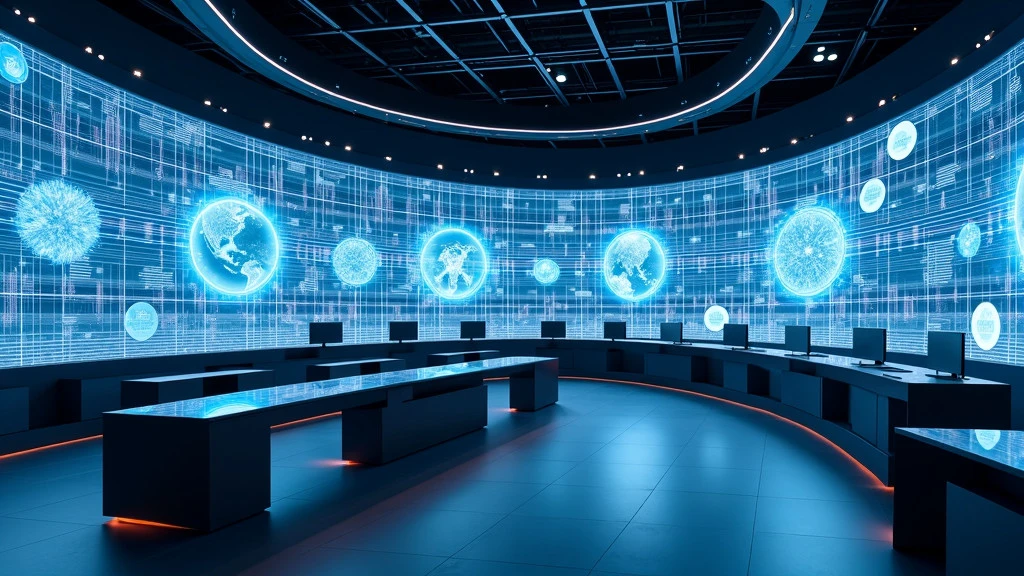 A high-tech command center with holographic displays and neural networks.