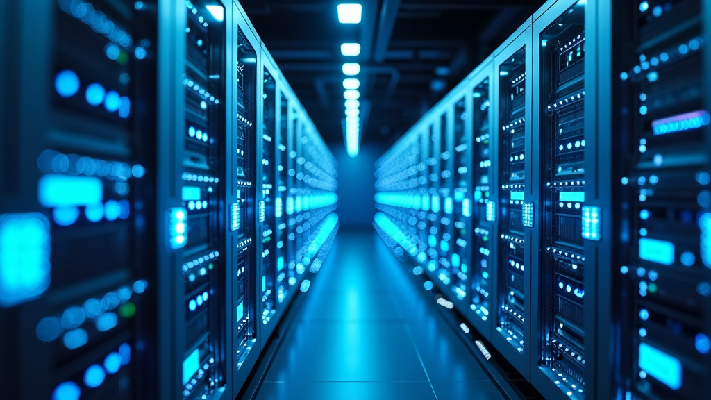 A high-tech data center interior with glowing blue network connections and sleek server racks.