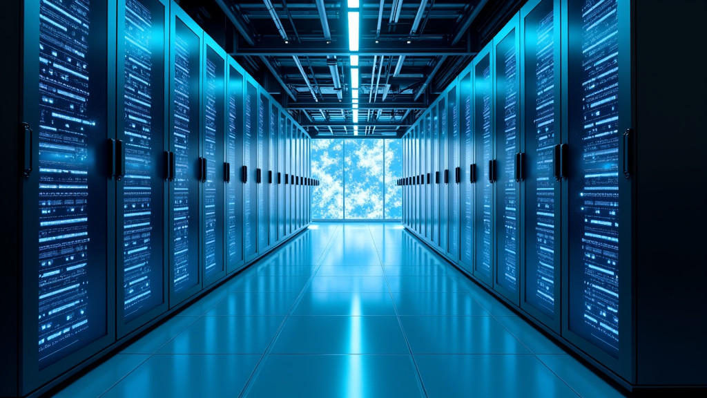 A sleek, futuristic data center interior with elegant server racks and soft blue light.