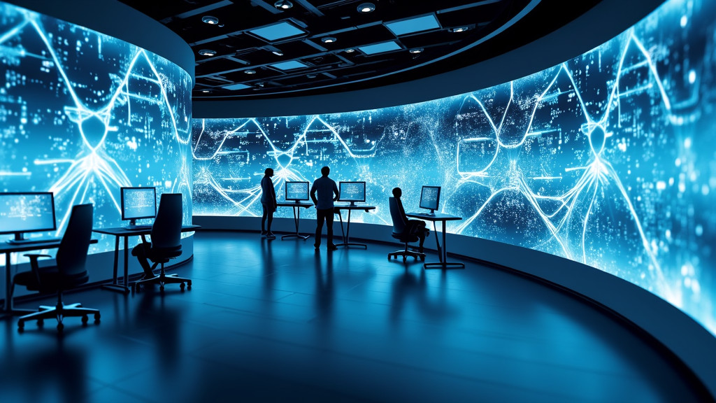 A photorealistic view of a futuristic data visualization center featuring holographic displays and modern workstations.