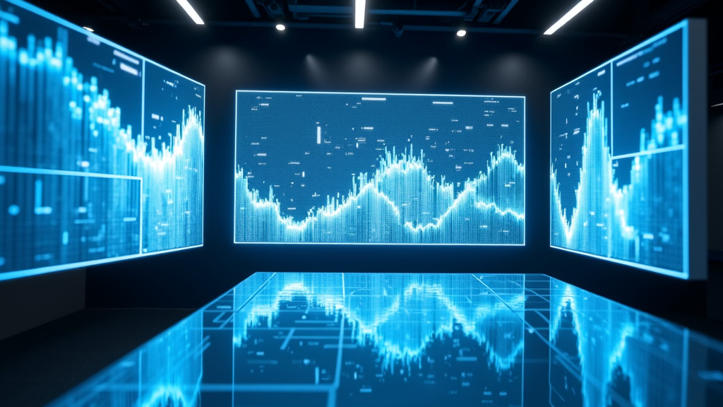 A high-tech data visualization command center with holographic displays and dynamic 3D scatter plots in a minimalist aesthetic.