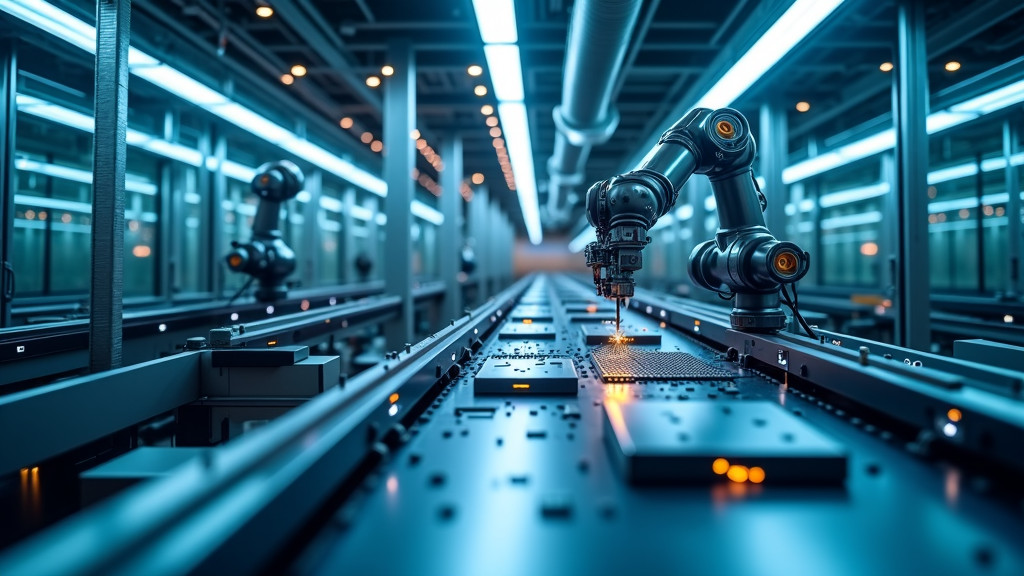 A futuristic manufacturing facility interior with robotic arms in a blue-lit environment.