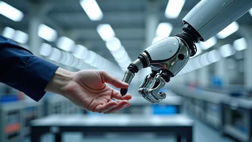 A sleek robotic arm and a human hand reaching for the same object in a modern manufacturing environment.