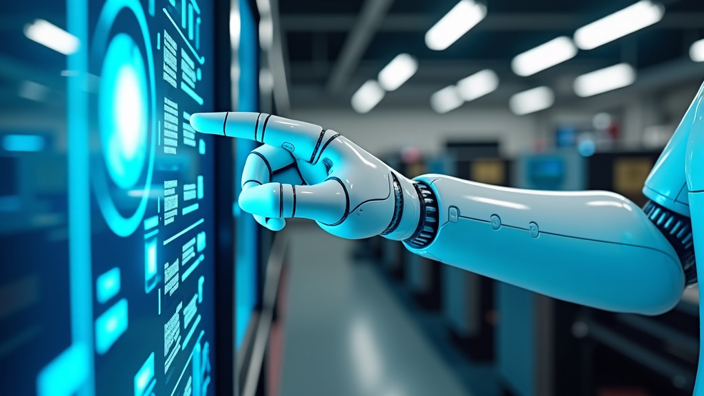 A sleek, futuristic robotic arm and a human hand reaching toward a glowing digital interface in a modern industrial setting.